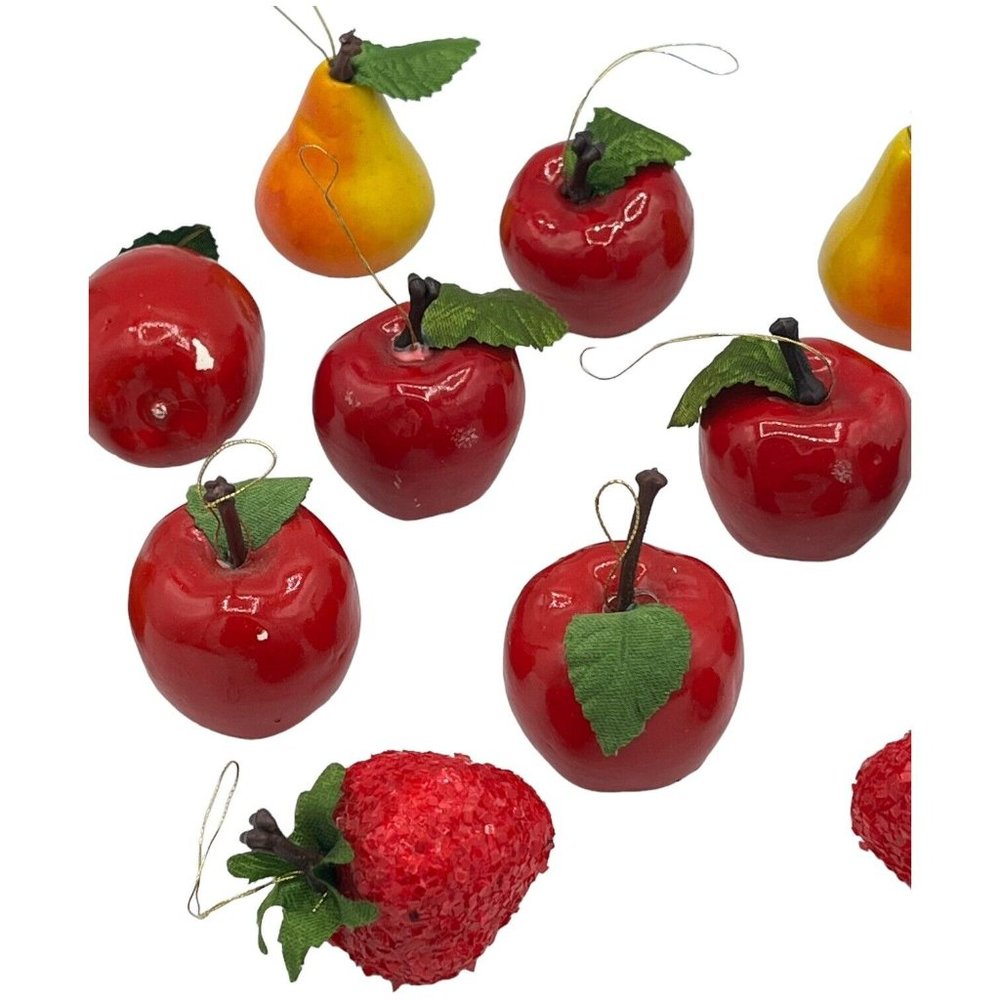 12 Christmas Ornaments Shiny Apples & Pears Glitter Strawberries Green Leaf - Picture 11 of 11